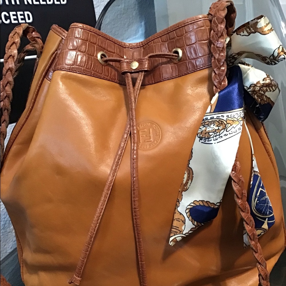 Auth Fendi Leather Croc Drawstring Hobo Bag XL
